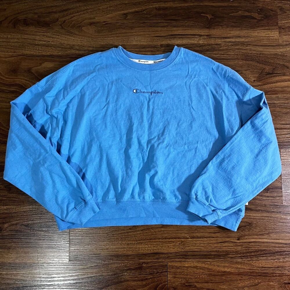 Champion Pullover Long Sleeve Sweatshirt Blue Cropped Shirt Womens Sz XS Sweater